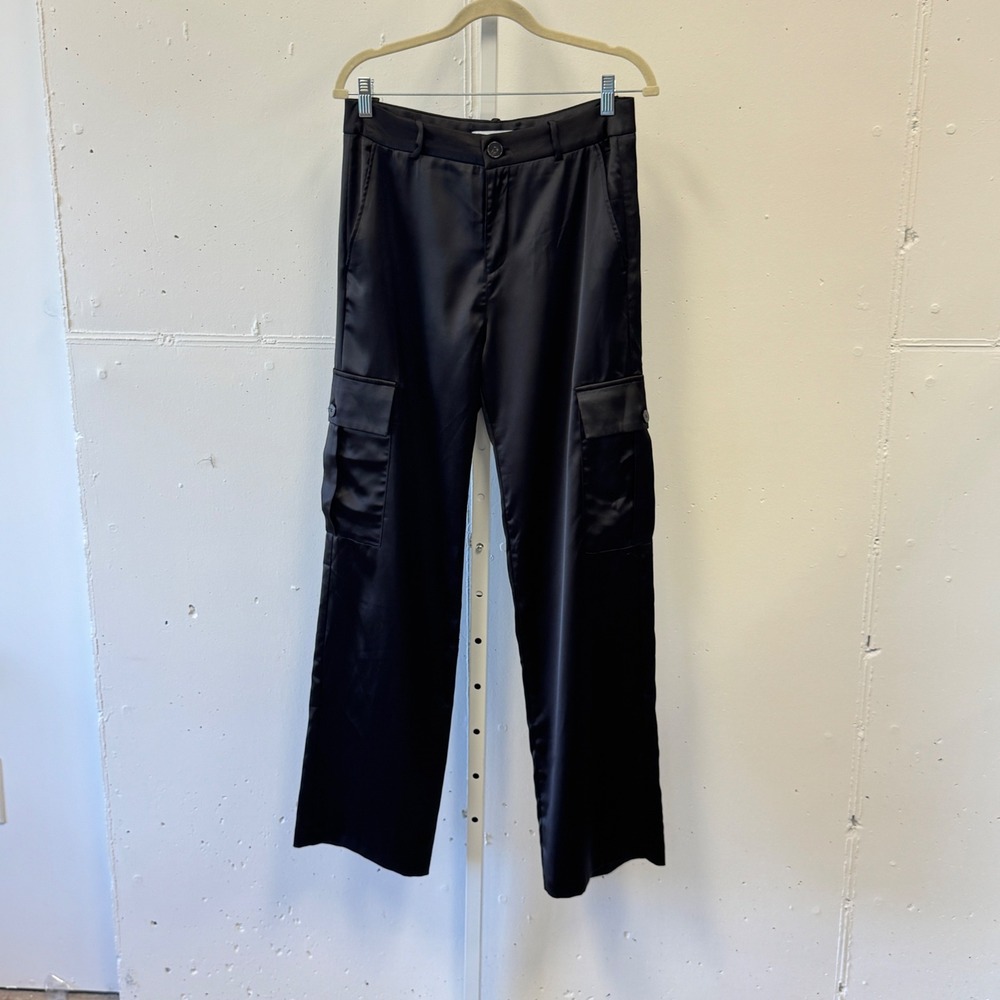 Zara Satin Cargo Pants Wide Leg Utility Trousers Size Medium Women's Black